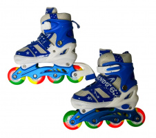 РОЛИКИ НА МЕТАЛЛИЧ. РАМЕ РАЗДВИЖНЫЕ, КОЛЕСА СВЕТЯТСЯ, СУМКА E30702 синие S 31-34 купить оптом и в розницу на базе игрушек